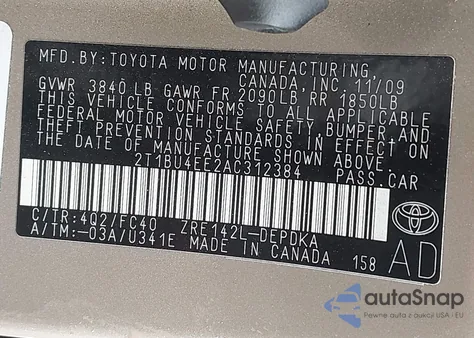 2010 Toyota Corolla Le из США, поврежденный, VIN 2T1BU4EE2AC312384